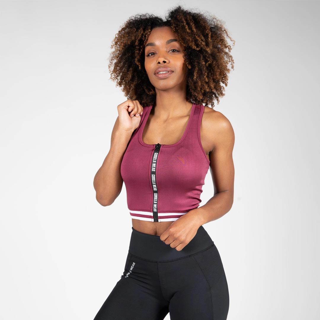 Gorilla Wear Mesa Zip Front Crop Top Burgundy Red