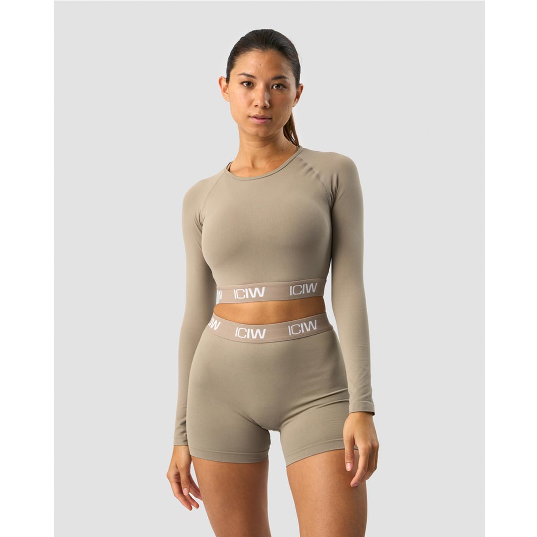 ICANIWILL Define Seamless Logo Long Sleeve Crop Top Taupe