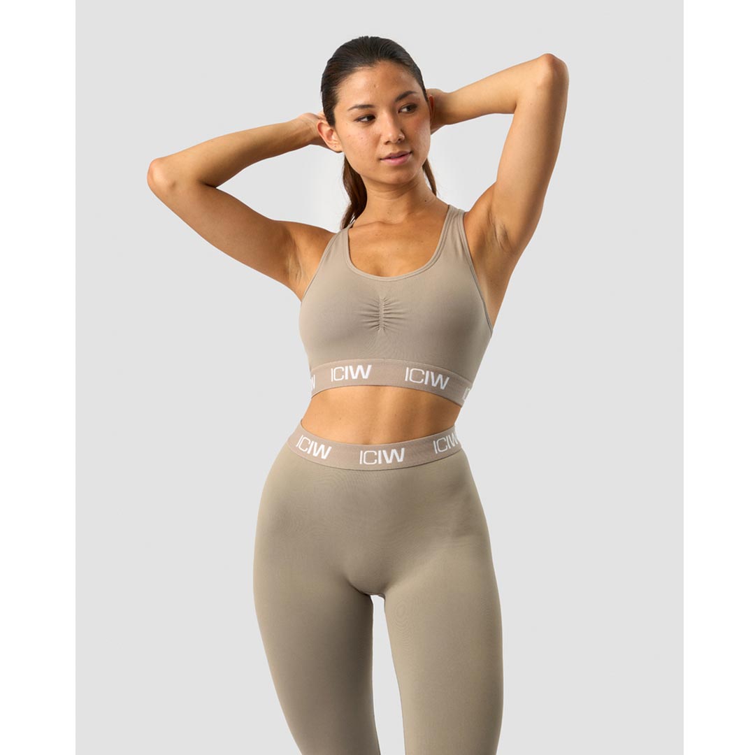 ICANIWILL Define Seamless Logo Scrunch Sports Bra Taupe