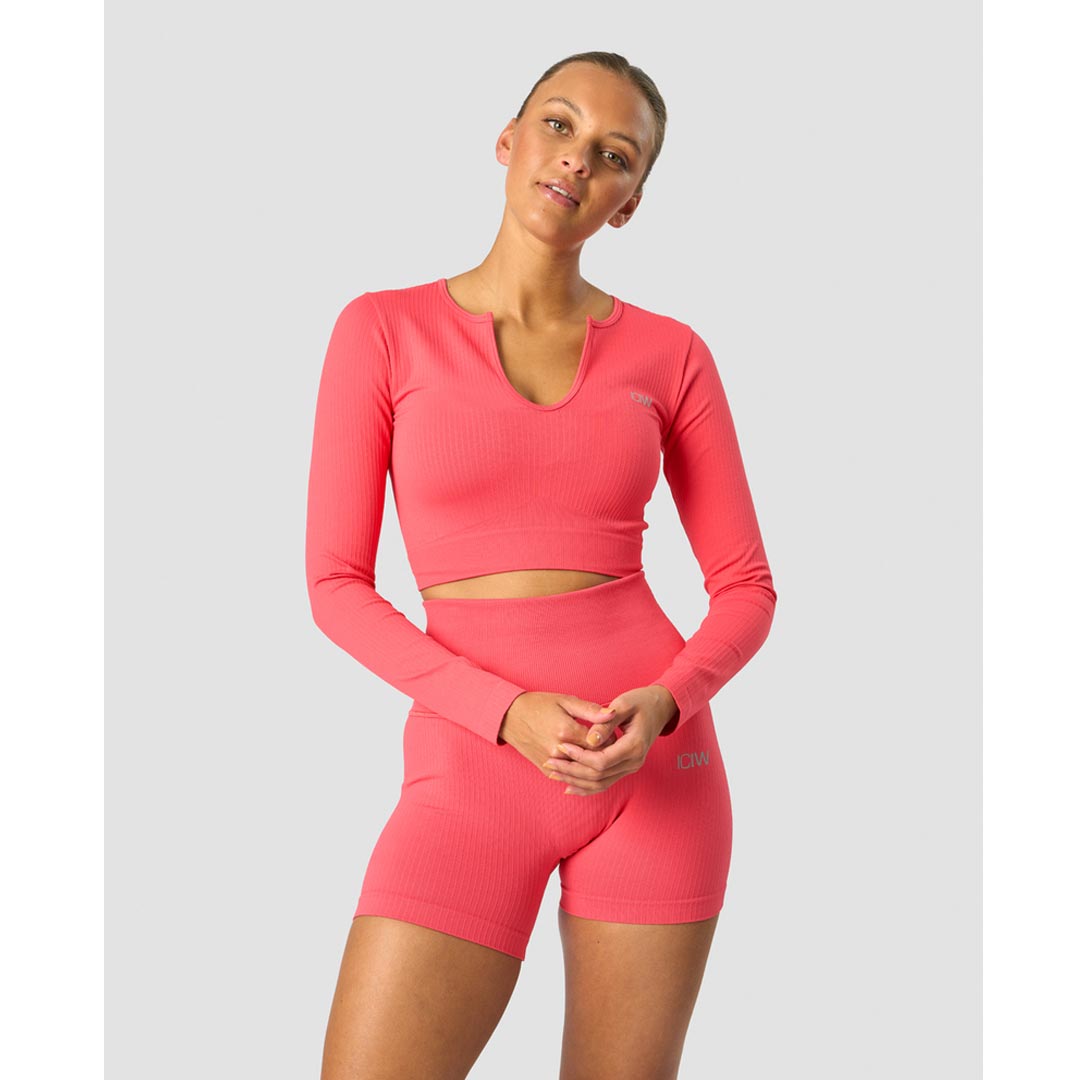 ICANIWILL Ribbed Define Seamless Cropped Long Sleeve Coral Red
