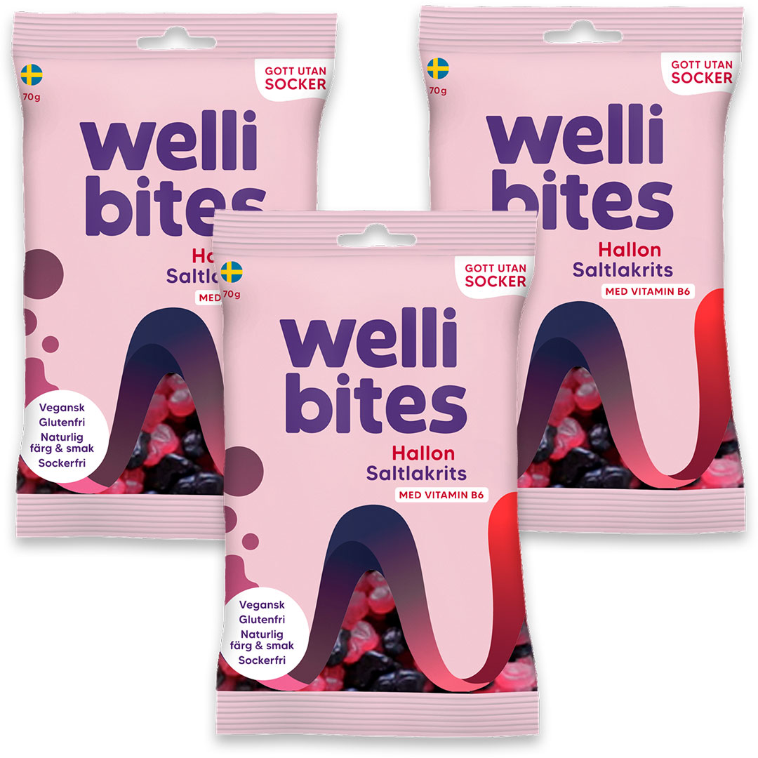 3 x Wellibites Candy 70 g Vadelma & Salmiakki
