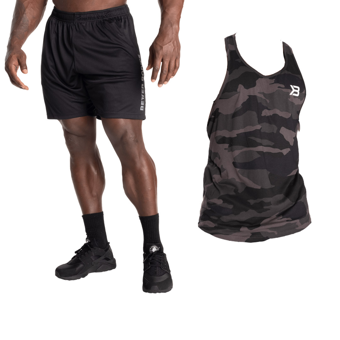 Better Bodies Loose Function Shorts Black + Better Bodies Essential T-back Dark Camo