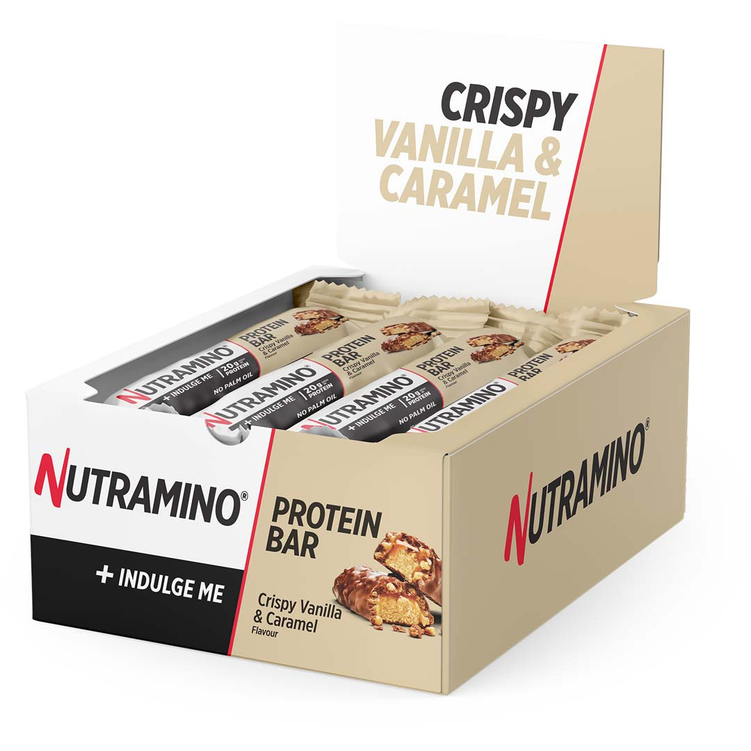 12 x Nutramino Proteinbar 64 g Crispy Vanilla & Caramel ryhmässä Patukat / Proteiinipatukat @ Proteinbolaget (PB-1447)