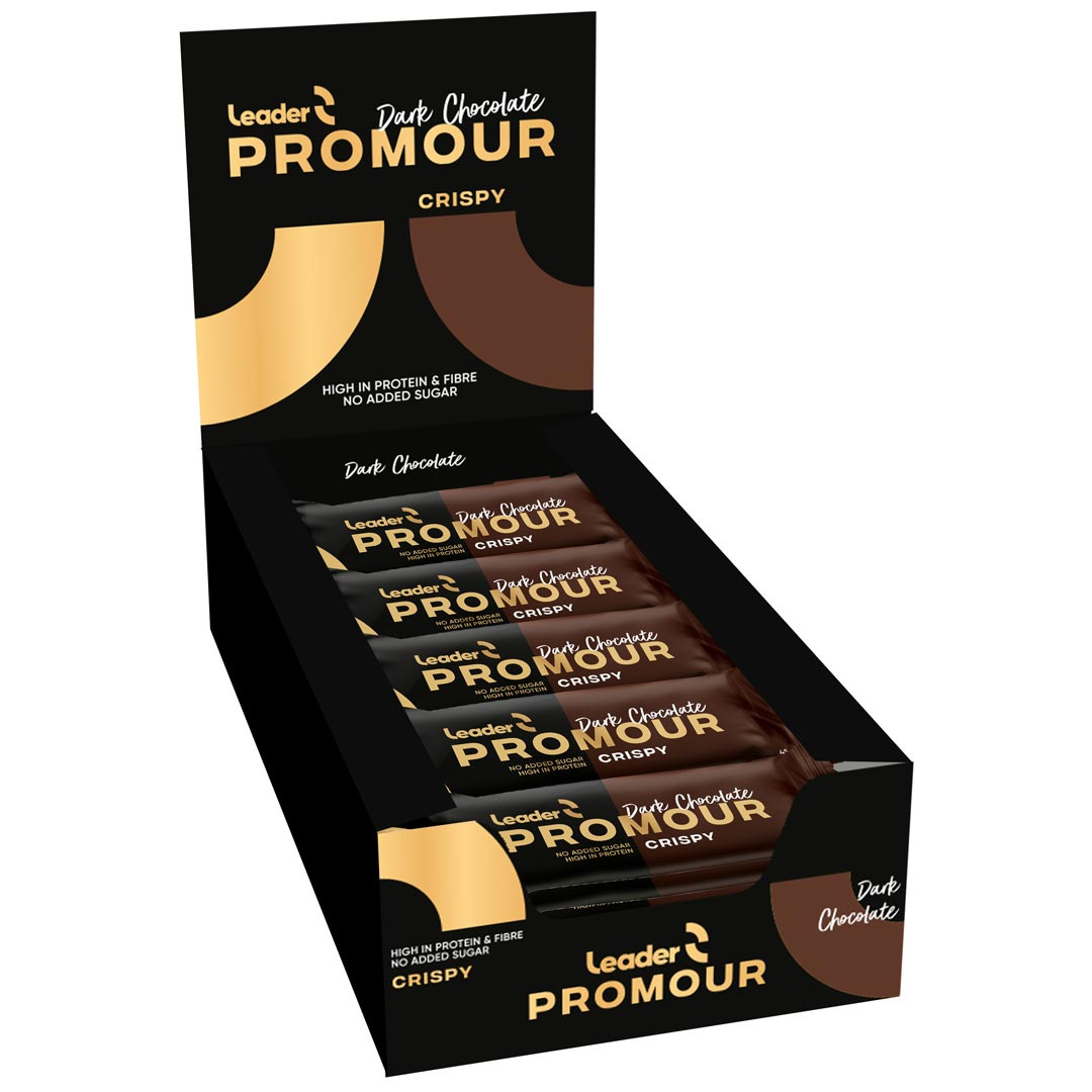 18 x Leader Promour Bar 45 g Dark Chocolate ryhmässä Patukat / Proteiinipatukat @ Proteinbolaget (PB-152000)