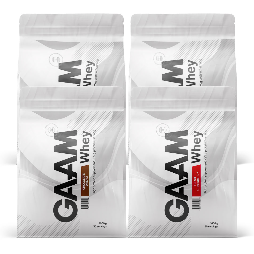 4 x GAAM 100% Whey Premium 1 kg ryhmässä Lisäravinteet / Proteiinijauheet / Heraproteiini / Herakonsentraatti @ Proteinbolaget (PB-1647)