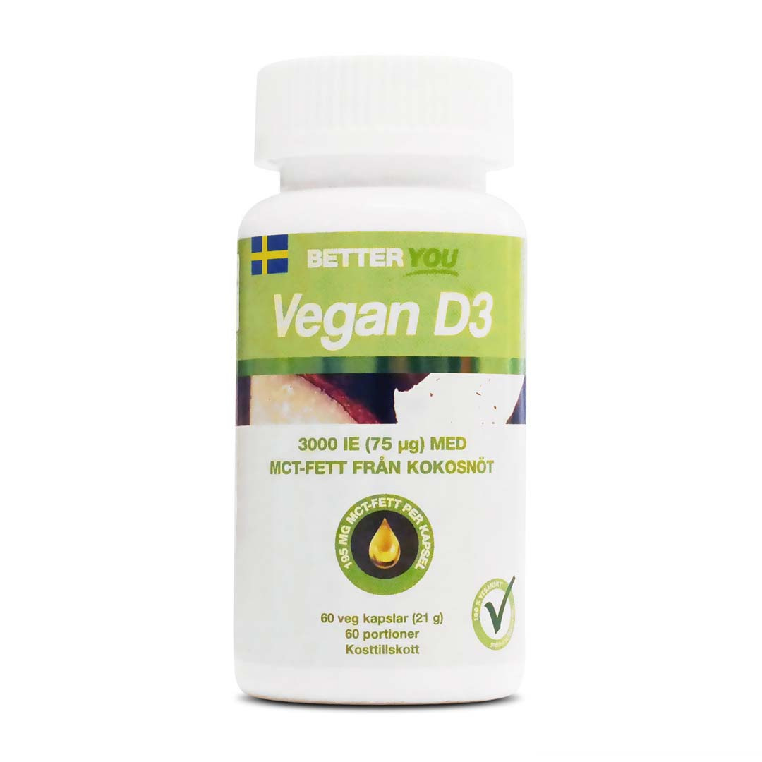 Better You Vegan D3 3000IE + MCT 60 caps ryhmässä Lisäravinteet / Vitamiinit / D-vitamiini @ Proteinbolaget (PB-21685)