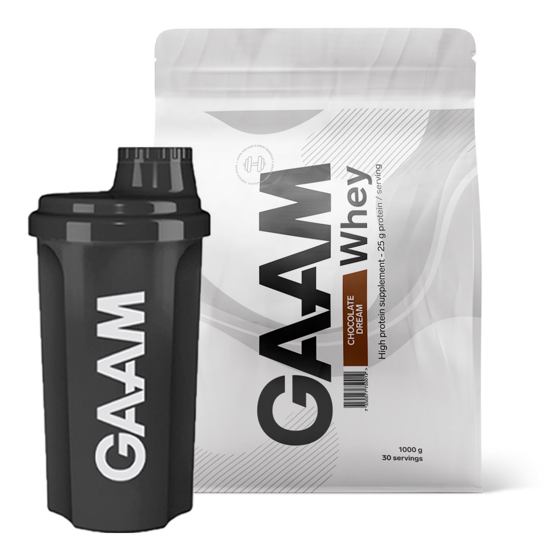 GAAM 100% Whey Premium 1 kg + GAAM Shaker 700 ml ryhmässä Lisäravinteet / Proteiinijauheet / Heraproteiini / Herakonsentraatti @ Proteinbolaget (PB-22013132)