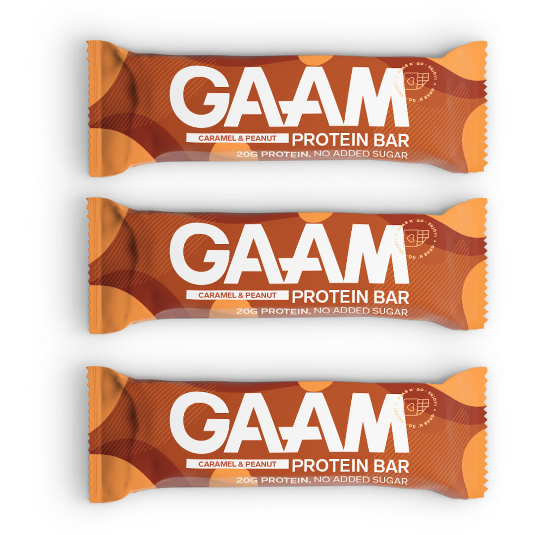 3 x GAAM Protein bar 55 g Caramel & Peanut ryhmässä Patukat / Proteiinipatukat @ Proteinbolaget (PB-220205)